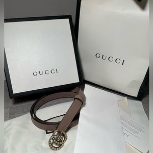 GUCCI- LEATHER BELT WITH PEARL DOUBLE G BUCKLE